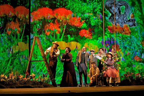 Ao Li (Ben Weatherstaff), Erin Johnson (Mrs. Medlock), Philippe Sly (Archibald Craven), Michael Kepler Meo (Colin), Scott Joiner (Dickon Sowerby), Marina Harris (Susan Sowerby), Laura Krumm (Martha Sowerby) and Sarah Shafer (Mary Lennox). Photo by Betsy Kershner/San Francisco Opera/Cal Performances.