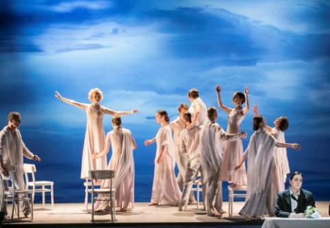 Euridice (Kerstin Avemo, second from left) with dancers in Elysium. Orfeo (Katarina Karnéus) is bottom right, not yet aware that Euridice is on her way. Photo: Mats Bäcker