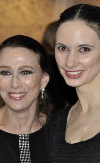 Ballerinas Maya Plisetskaya and Luidmila Konovalova at the legendary Russian ballet icon’s 85th birthday gala where Konovalova performed her signature Black Swan pas de deux.