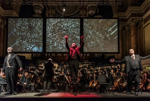 Michael Druitt as Wotan, Jo Polheim as Alberich and Wolfgang Ablinger-Sperrhacke as Loge. Photo credit: Clive Barda.