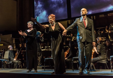 DAS RHEINGOLD by Wagner;Opera North;Leeds Town Hall; Leads, UK;21 April 2016;YVONNE HOWARD  as Fricka (left);GISELLE ALLEN as Freia;MATS ALMGREN as Fafner;Credit: © CLIVE BARDA/ ArenaPAL;