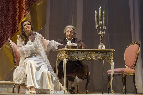 Virginia Tola in the title role and Alessandro Corbelli (Michonnet) in Teatro Colón’s new production of Adriana Lecouvreur. (Photo Máximo Parpagnoli)