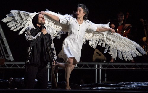 Austrian dancer Alexander Leonhartsberger (L) and Canadian dancer Rachael Poirier perform a scene from Michael Keegan-Dolan's adaptation of Swan Lake (Loch na hEala), during a press preview at Sadler's Wells theatre in London on November 25, 2016. / AFP / Justin TALLIS / EDITORIAL USE ONLY        (Photo credit should read JUSTIN TALLIS/AFP/Getty Images)